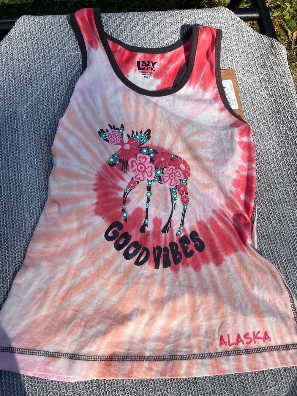 Lazy One Women's Tie-Dye Pajama Top in Pink and Red with Floral Moose Good Vibes